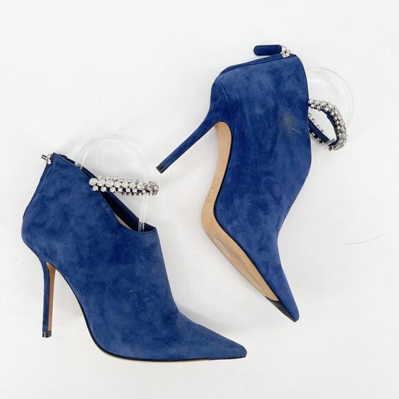 Jimmy Choo Blaize 100 Navy Blue Suede Ankle Bootie Crystal Strap size IT 37 - Picture 4 of 13